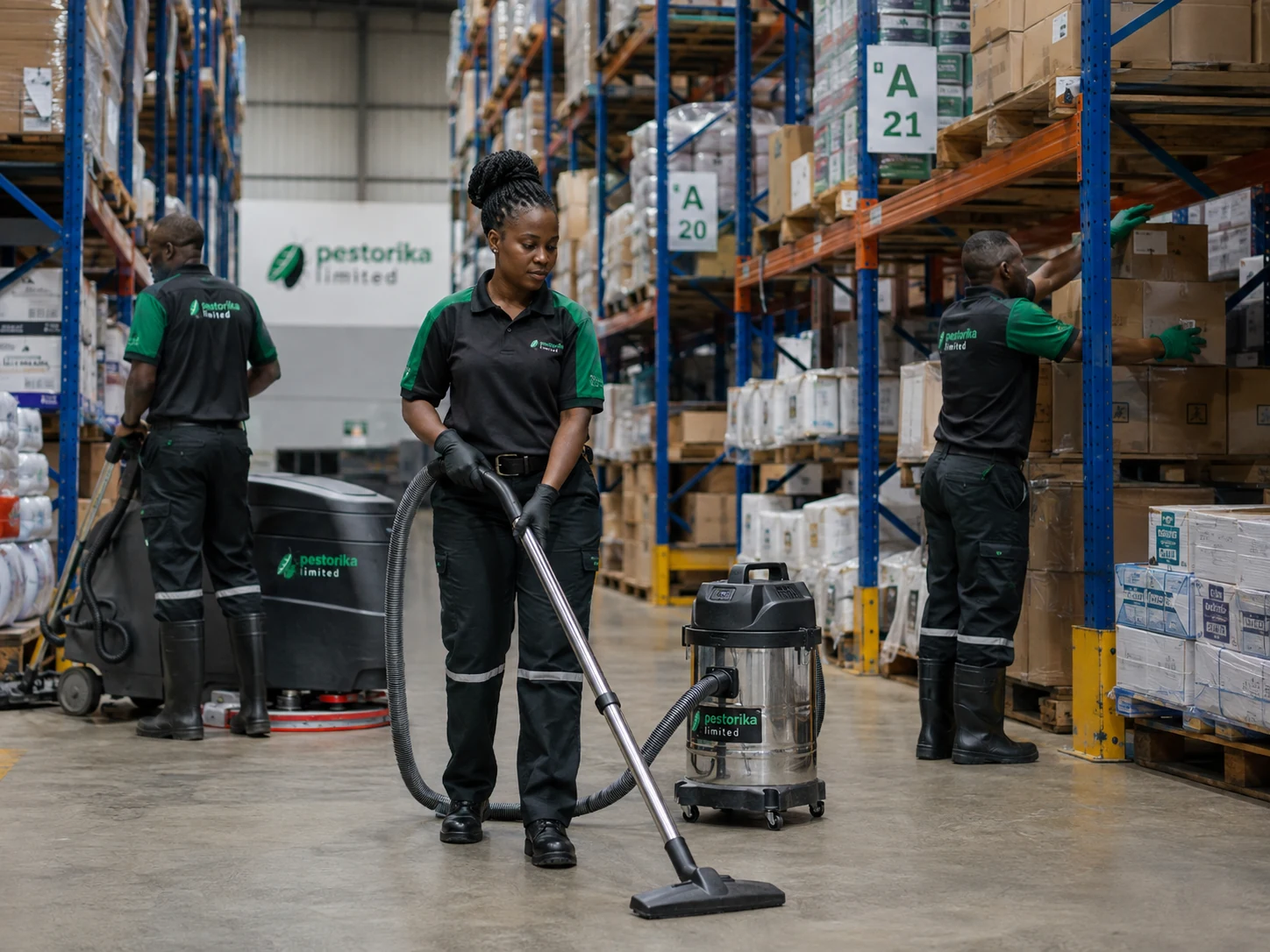 Pestorika industrial cleaning crew in a warehouse