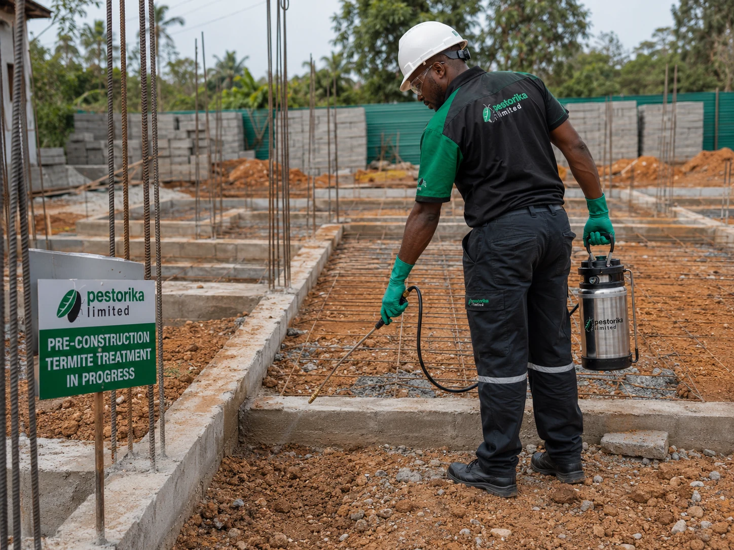 Pestorika technician applying termite treatment at a construction site