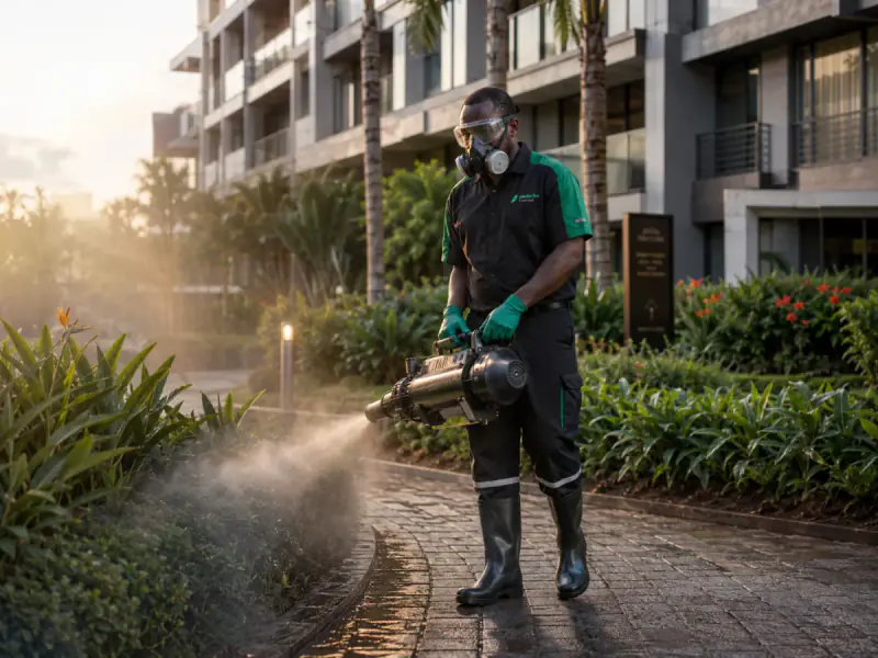 Pestorika technician carrying out outdoor mosquito fogging