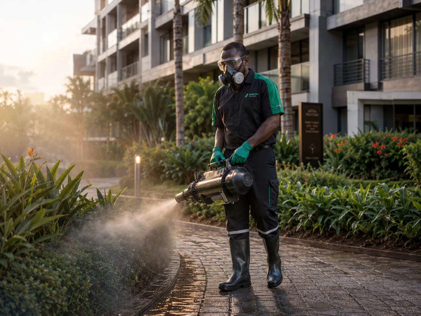 Pestorika technician carrying out outdoor mosquito fogging