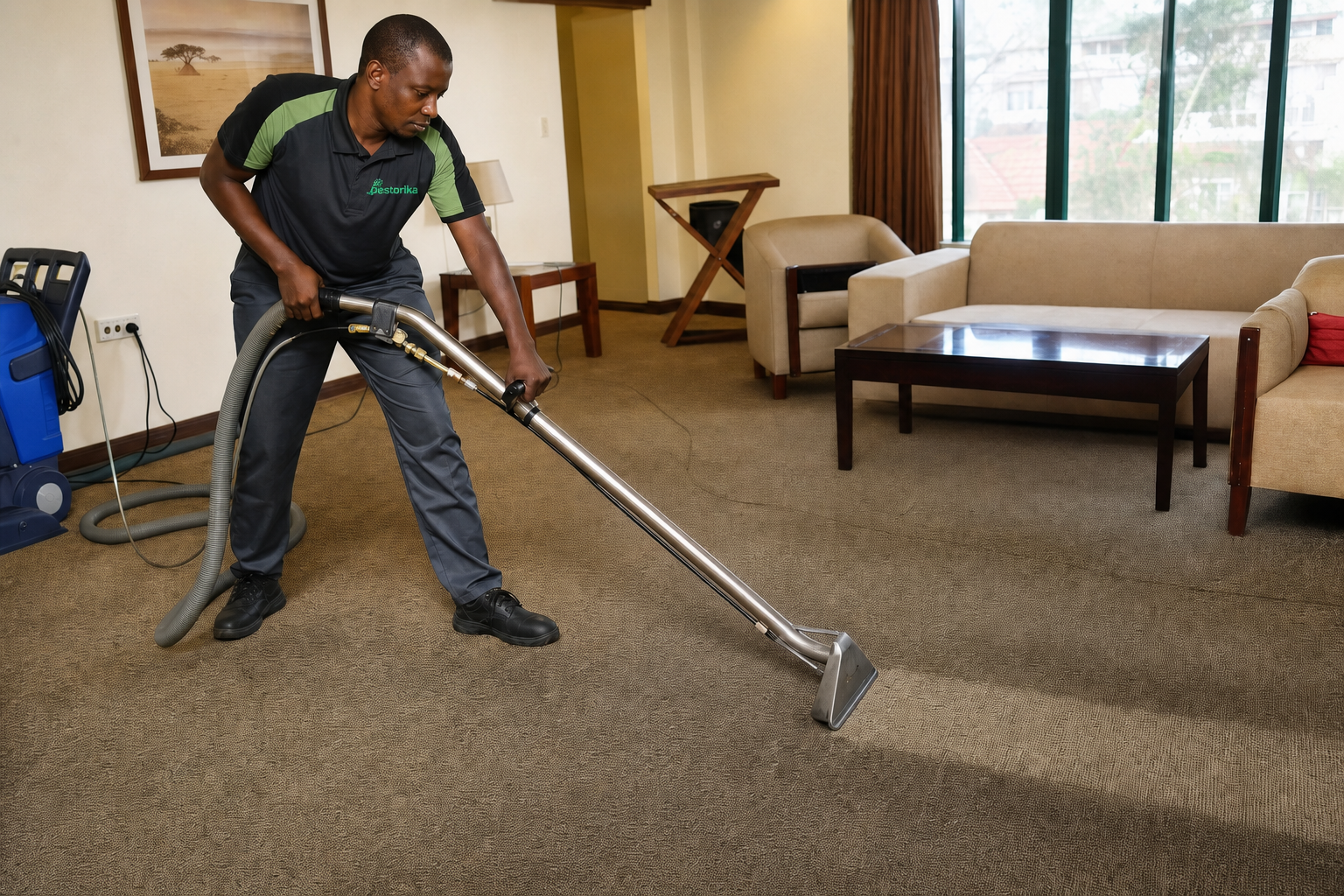 Professional technician using a commercial carpet extraction machine